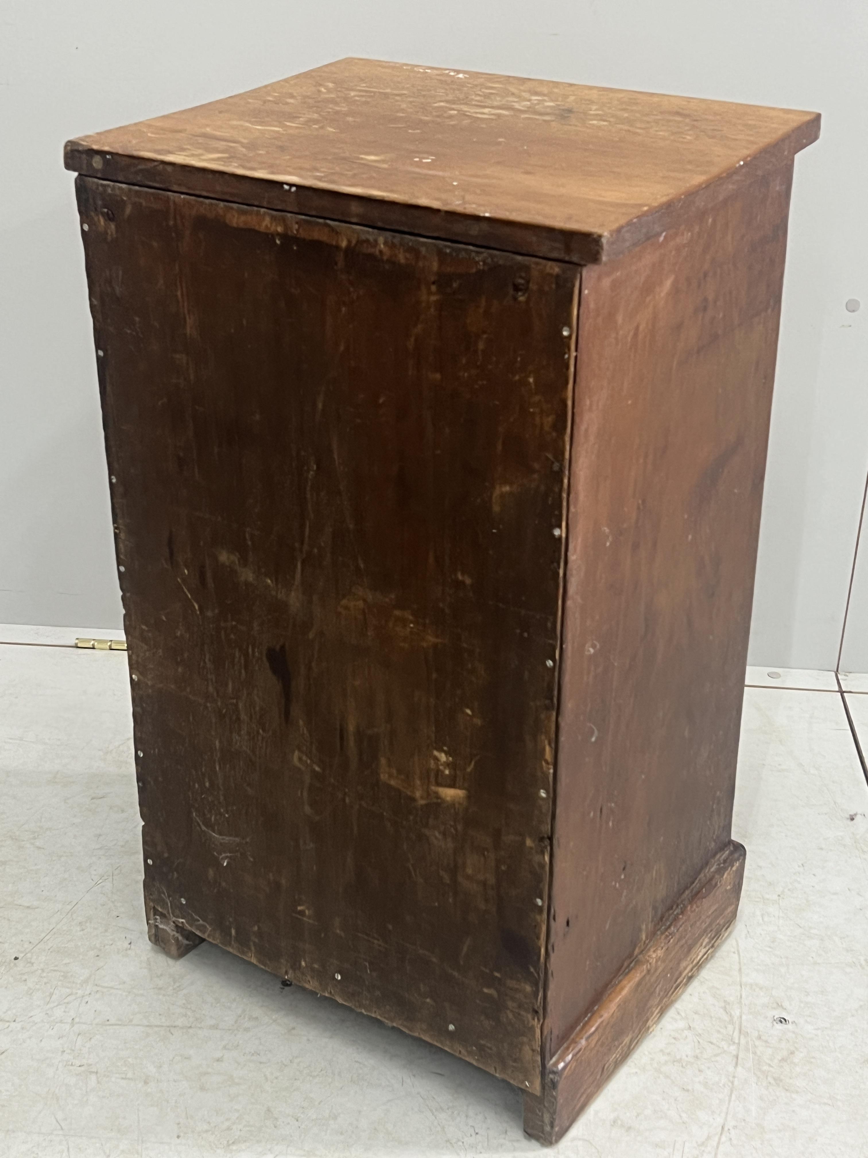 A Victorian mahogany three drawer bedside chest, adapted, width 42cm, depth 35cm, height 74cm